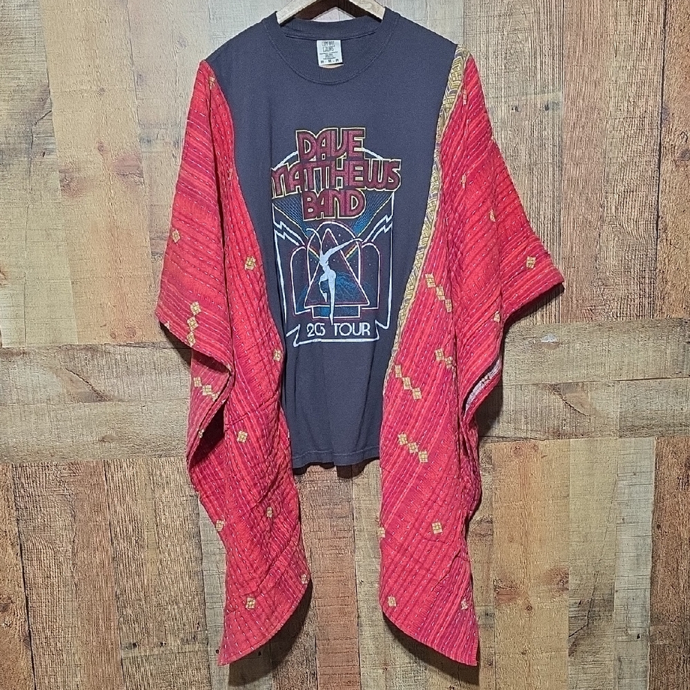 Upcycled Dave Matthews Band Graphic Tee with Red Boho Kimono Overlay